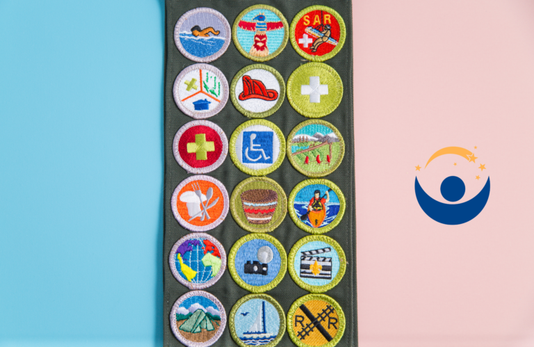 scout badges and Whitaker Center logo on pink and blue background